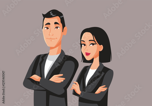 Chinese Business people Standing with Crossed Arms Vector Cartoon. Smiling power couple feeling empower and influential 
