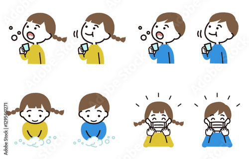 うがいや手洗いをする子供のベクターイラストセット