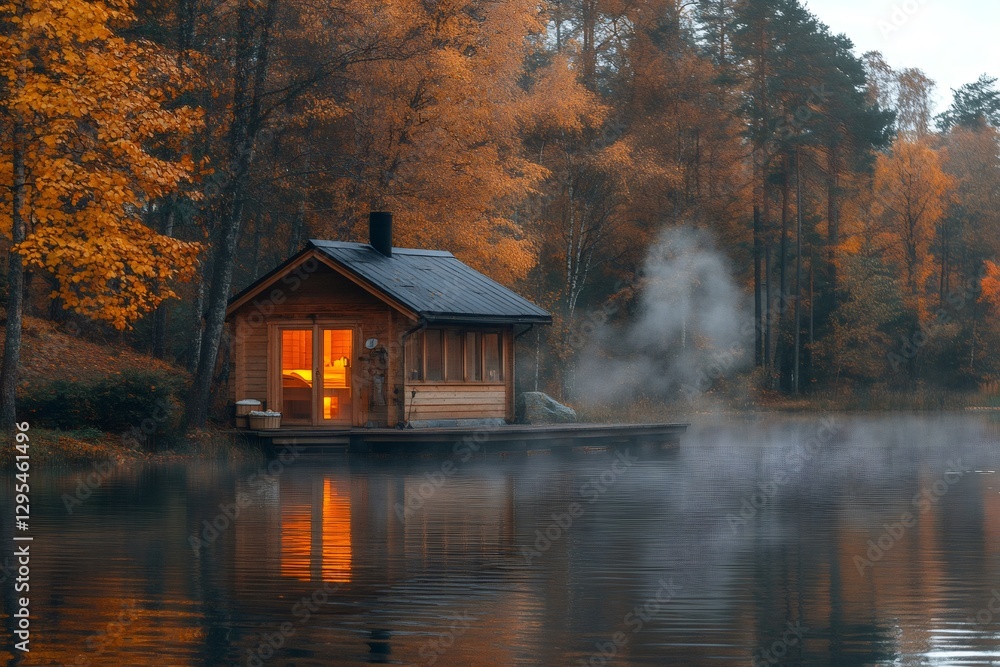 Fototapeta premium Cozy wooden sauna cabin glowing on a lake in autumn forest at dusk