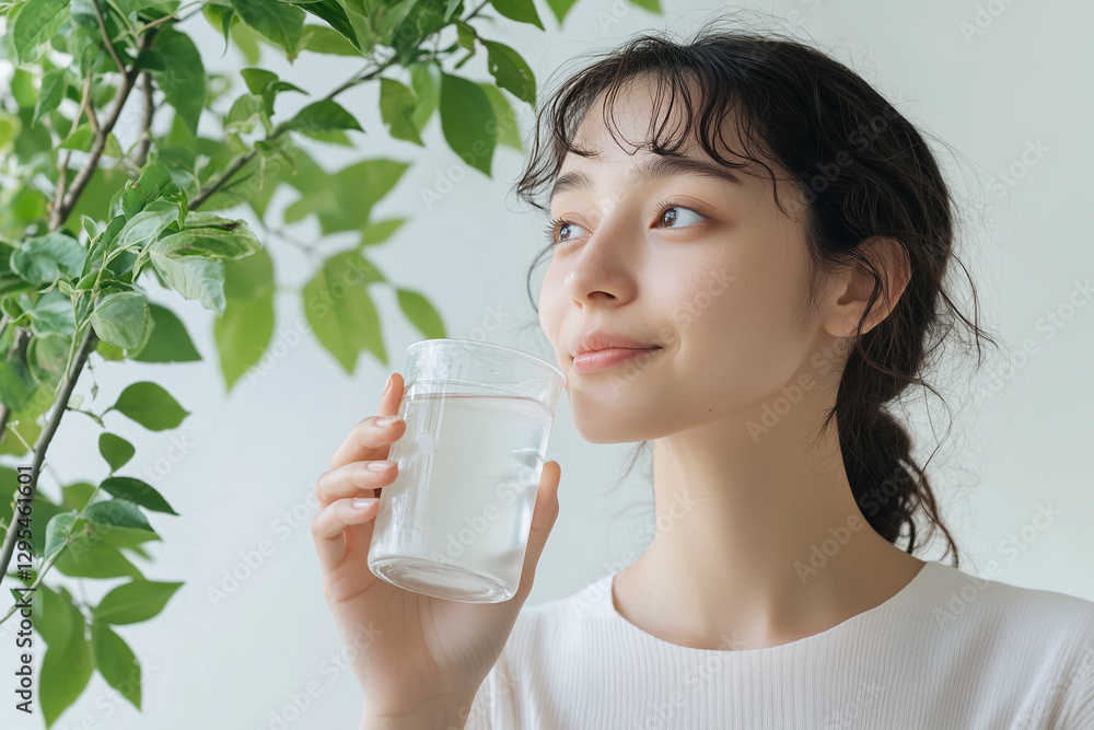woman drinking water in bright, lush green environment, enjoying refreshing moment. sunlight enhances serene atmosphere, promoting sense of well being and hydration woman drinking water in bright, lush green environment, enjoying refreshing moment. sunlight enhances serene atmosphere, promoting sense of well being and hydration