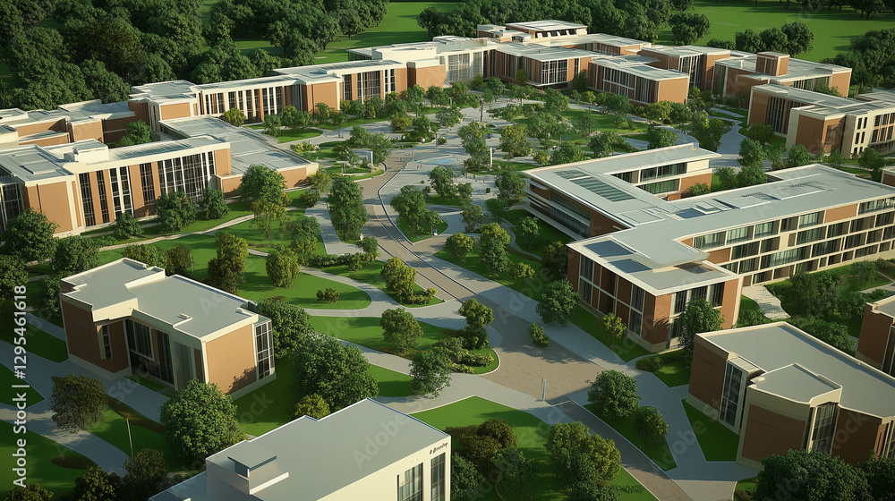 Fototapeta premium A sophisticated 3D model of a modern campus design presents an interconnected network of buildings, each with distinct facades and layout details