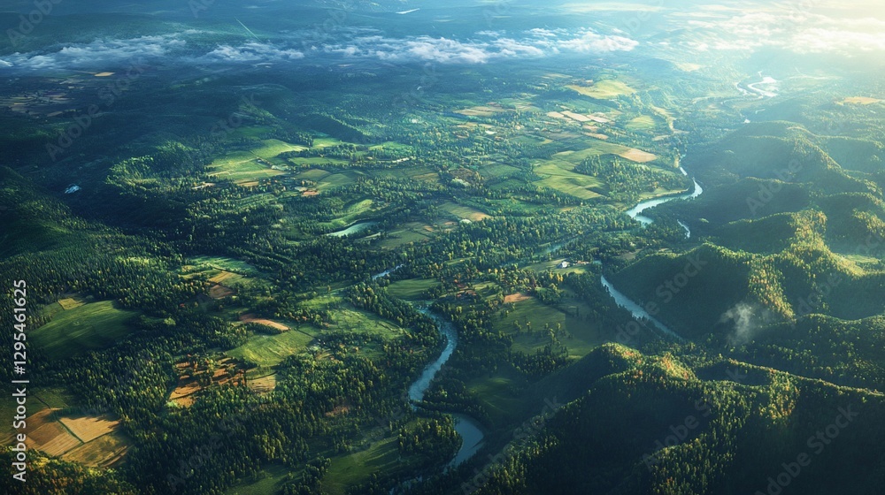Aerial view of a winding river through lush green valley with fields and forests Aerial view of a winding river through lush green valley with fields and forests