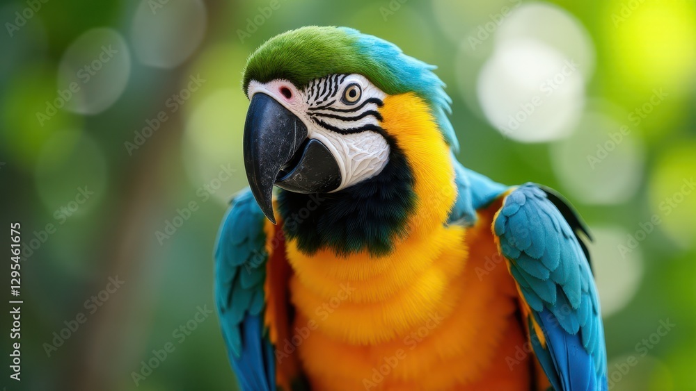 Fototapeta premium A vibrant harlequin macaw with blue, green, and yellow feathers, and a striking black beak, perched against a blurred green background.