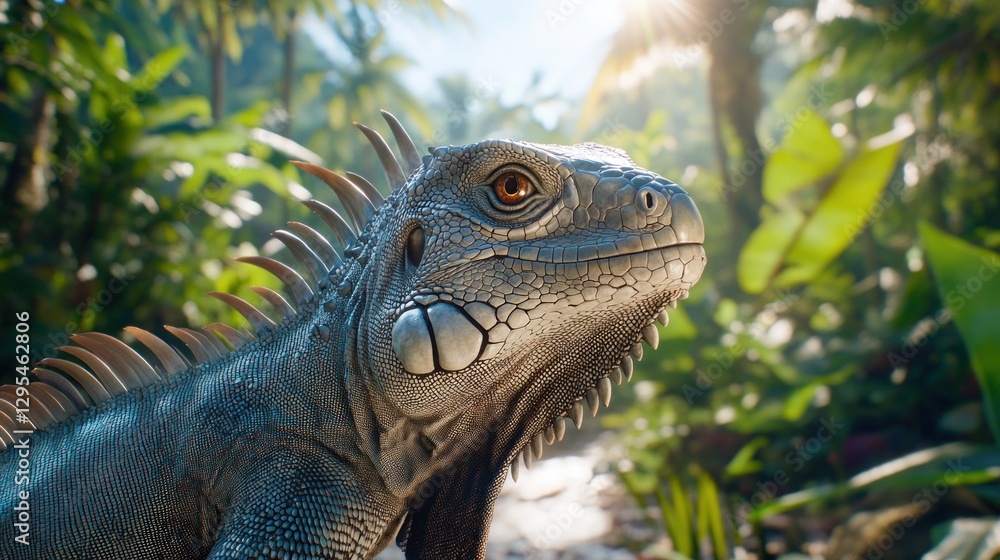 Detailed closeup of a majestic iguana in a lush jungle