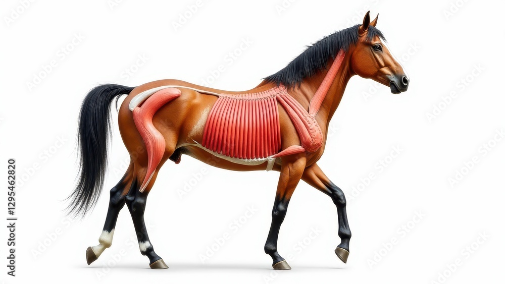 Fototapeta premium Horse anatomy diagram showing muscles on a brown horse with a white background.