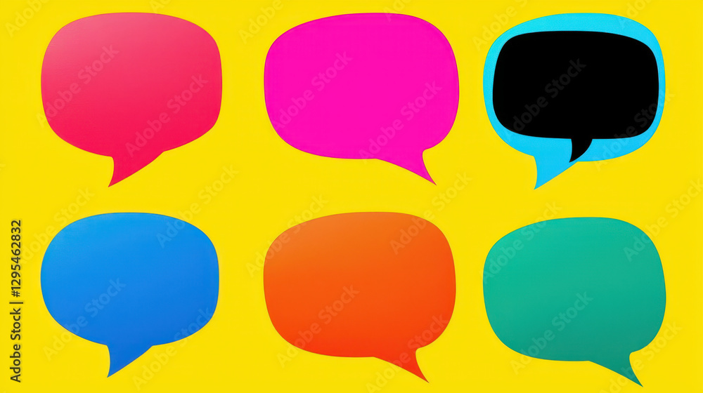 Colorful speech bubbles on bright yellow background create vibrant and playful design Colorful speech bubbles on bright yellow background create vibrant and playful design