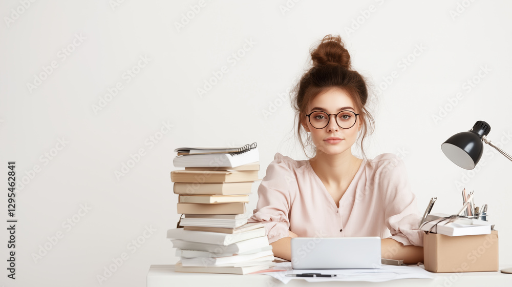 focused woman sits at desk surrounded by books and stationery, embodying balanced work life approach. Her thoughtful expression reflects determination and organization focused woman sits at desk surrounded by books and stationery, embodying balanced work life approach. Her thoughtful expression reflects determination and organization