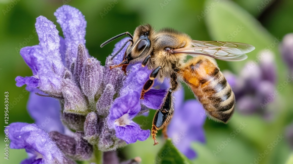 Honeybee collects nectar from a vibrant purple flower blossom Honeybee collects nectar from a vibrant purple flower blossom