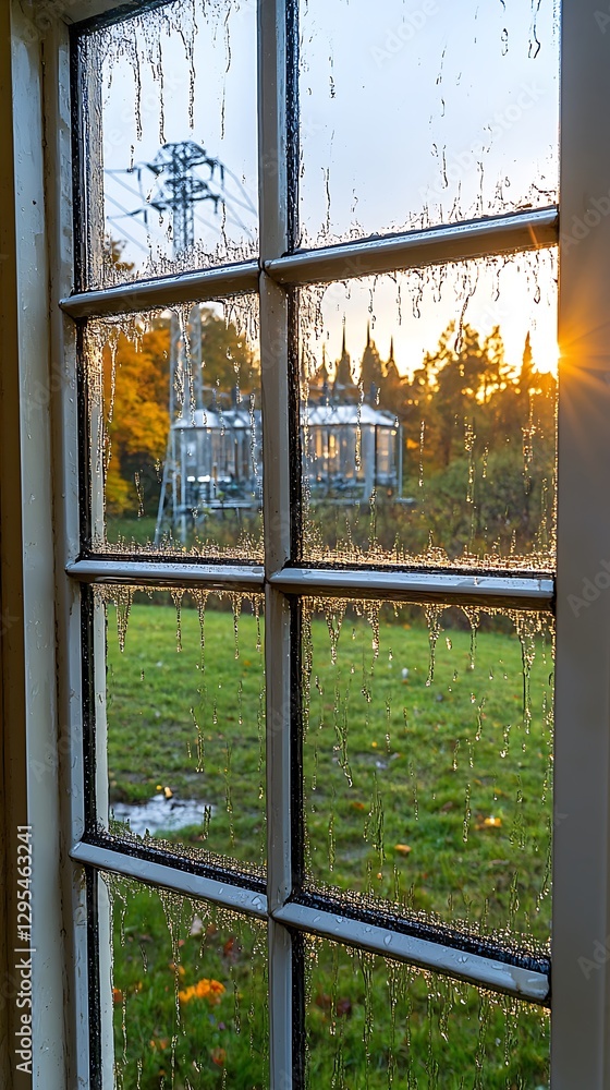 Fototapeta premium A window reveals a landscape bathed in late afternoon light
