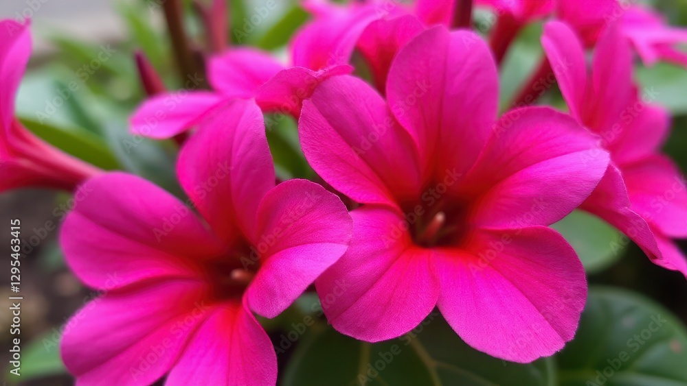 Hot pink flowers in full bloom with vibrant petals and lush green leaves.