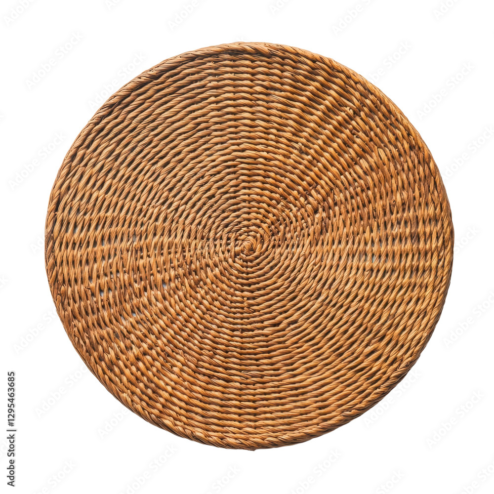 Woven Round Mat: A handcrafted round mat made from natural materials with a distinctive spiral weave design Rustic and textured Woven Round Mat: A handcrafted round mat made from natural materials with a distinctive spiral weave design Rustic and textured