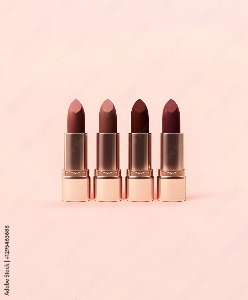 Four lipsticks arranged in a line on a pink background Four lipsticks arranged in a line on a pink background