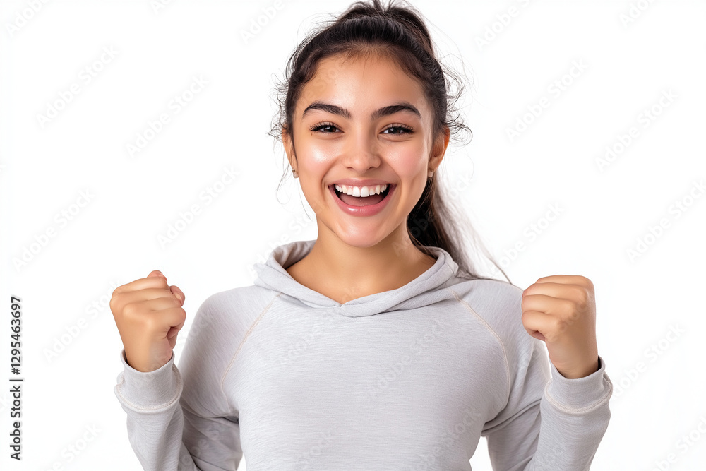 Happy Young Woman in Grey Hoodie Celebrating Success Portrait Happy Young Woman in Grey Hoodie Celebrating Success Portrait
