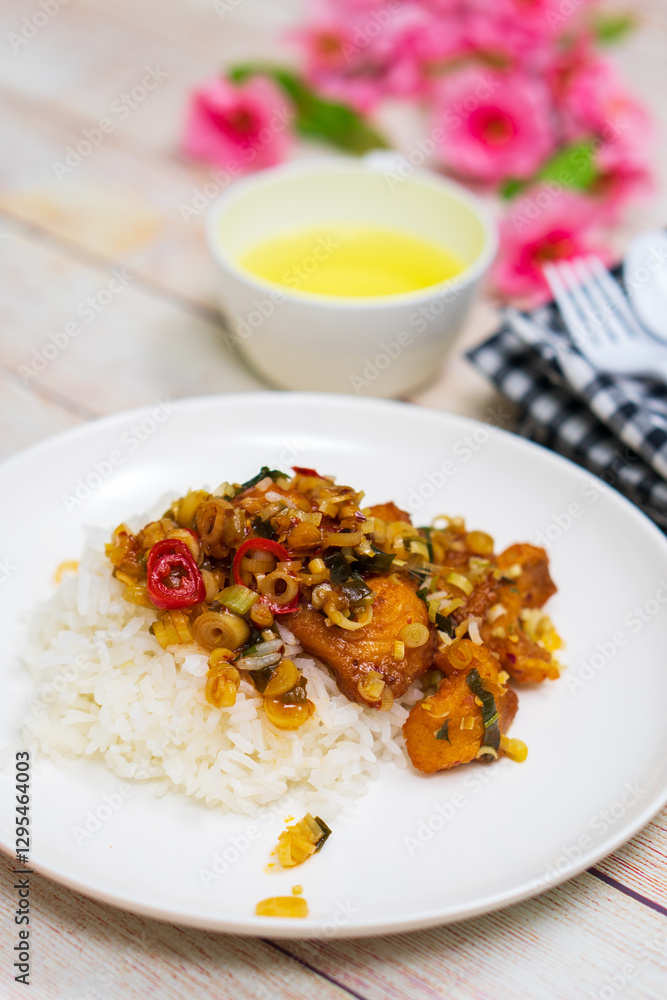 DEEP fried fish with herb & spicy sauce with rice DEEP fried fish with herb & spicy sauce with rice
