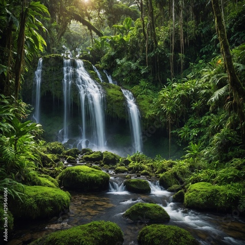 Waterfall in a Lush Jungle – A powerful waterfall cascading down moss-covered rocks, surrounded by dense, green jungle vegetation and tropical birds.