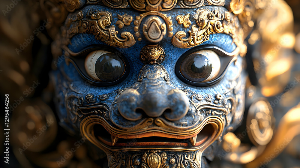 Fototapeta premium Close-up of ornate blue lion guardian statue head