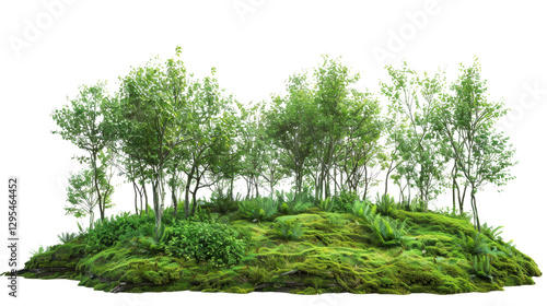 Green foliage covering a lush mossy hill with transparent background