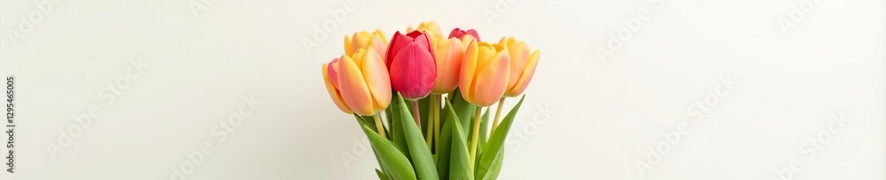 A hand presents a cheerful tulip bunch; pristine white surrounds , nature, macro, tulip A hand presents a cheerful tulip bunch; pristine white surrounds , nature, macro, tulip