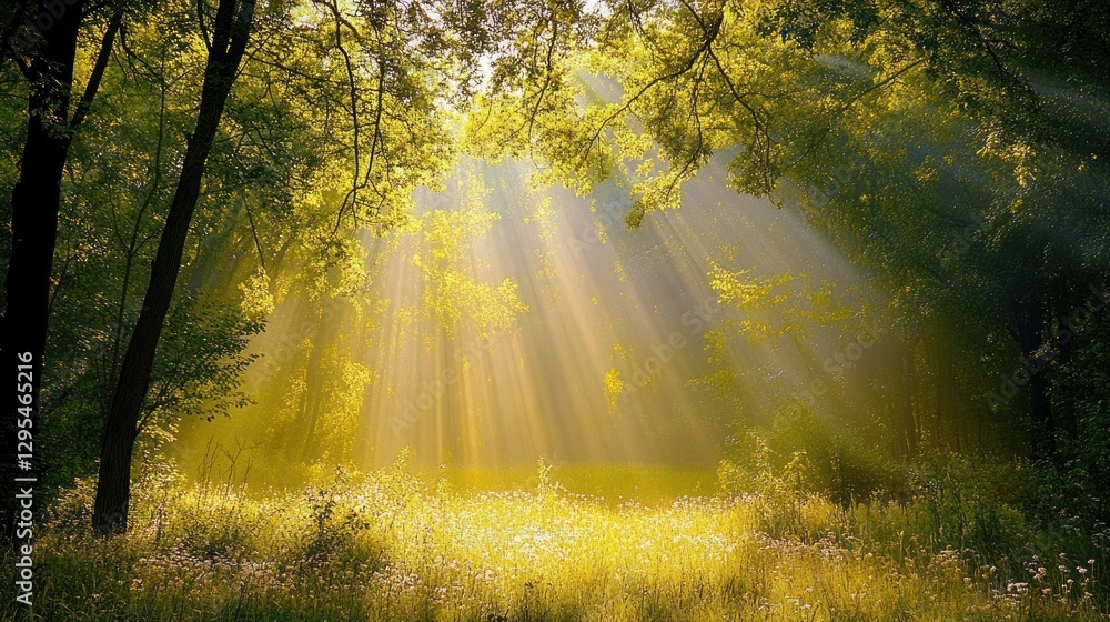 Golden light streams through a lush green forest clearing Golden light streams through a lush green forest clearing