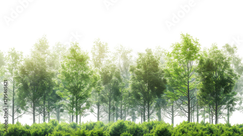 Green trees and bushes creating a lush natural border on transparent background
