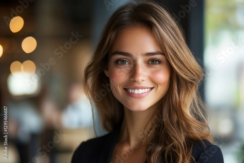 Wallpaper Mural Businesswoman smiling wearing black jacket with long brown hair in modern office Torontodigital.ca