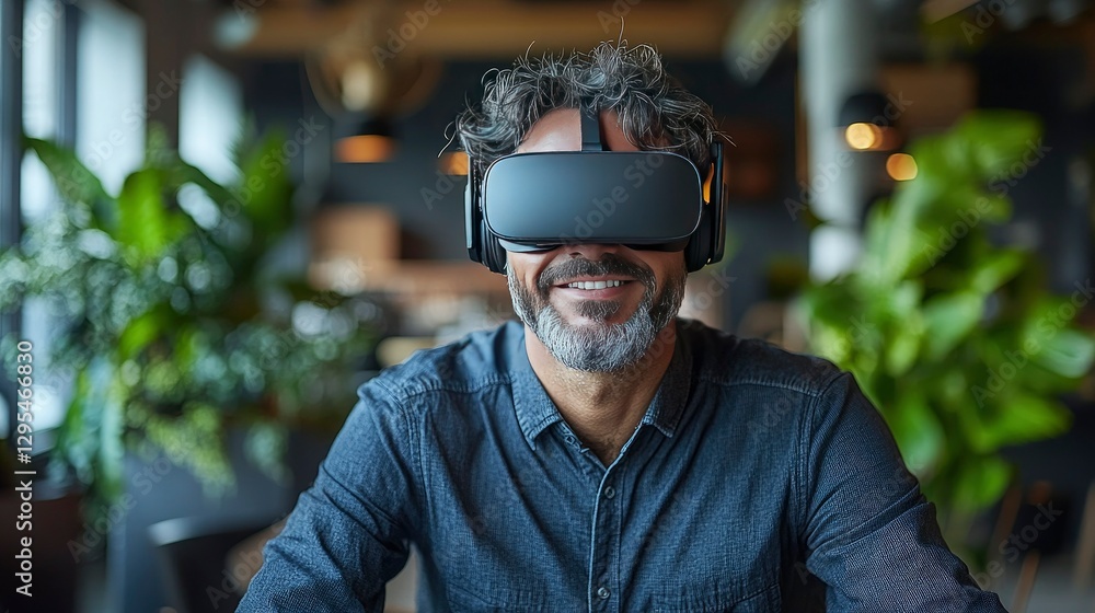 Happy Mature Man Experiencing Virtual Reality in Modern Cafe Happy Mature Man Experiencing Virtual Reality in Modern Cafe