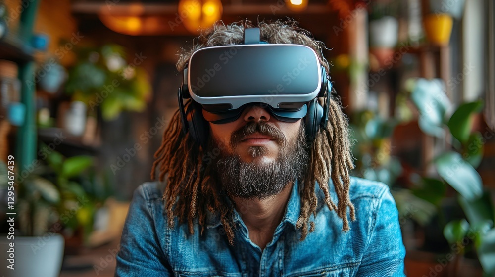 Man with Dreadlocks Experiencing Virtual Reality in a Plant Shop Man with Dreadlocks Experiencing Virtual Reality in a Plant Shop