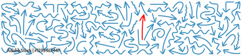 Many blue arrows point to different directions, one red arrow points to the top, concept, vector banner illustration.