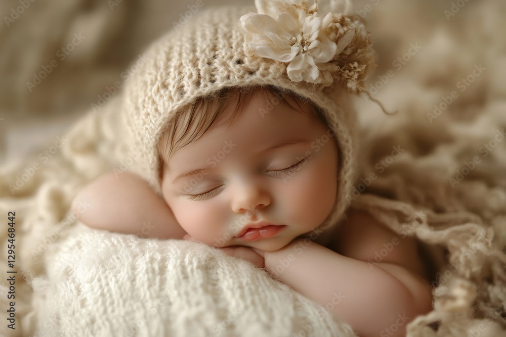 Newborn baby girl sleeping with bonnet and flower decoration Newborn baby girl sleeping with bonnet and flower decoration