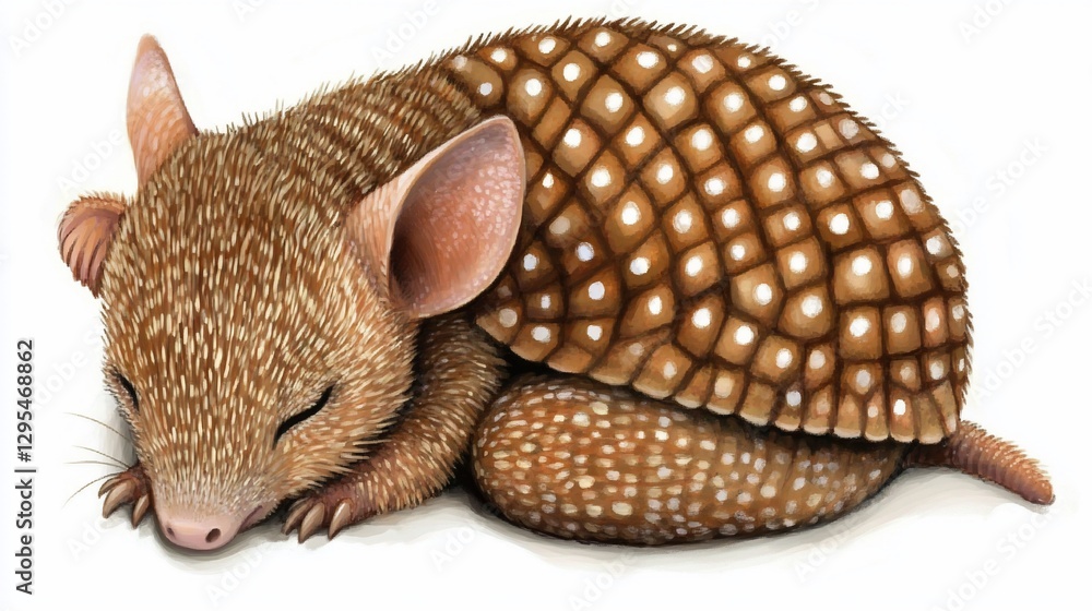 Sleeping baby armadillo, illustration, white background, wildlife