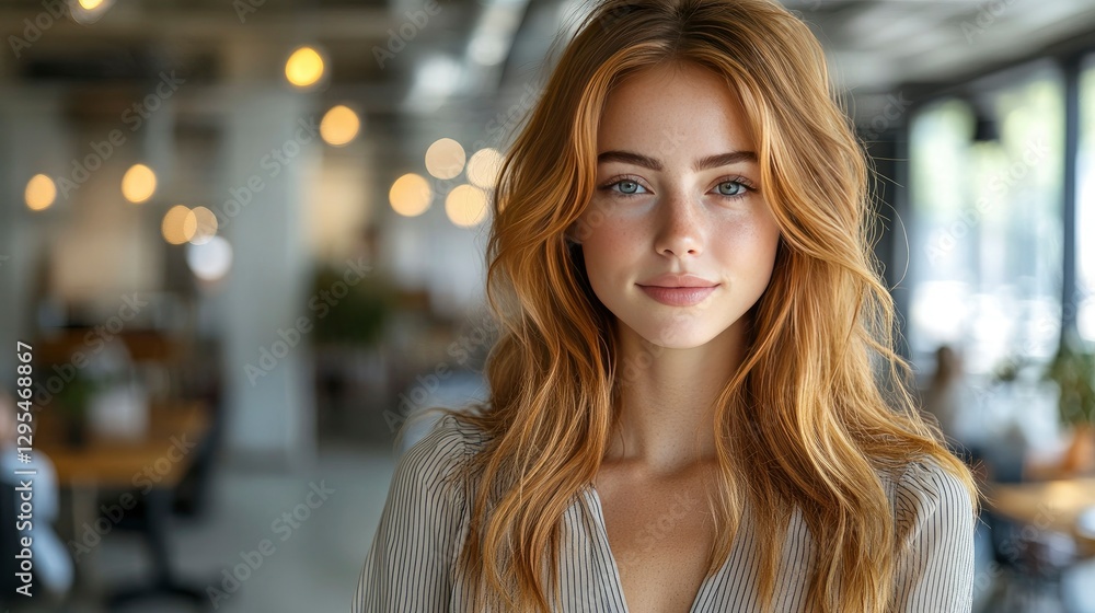 Fototapeta premium Confident Young Woman with Long Red Hair in Modern Office Setting
