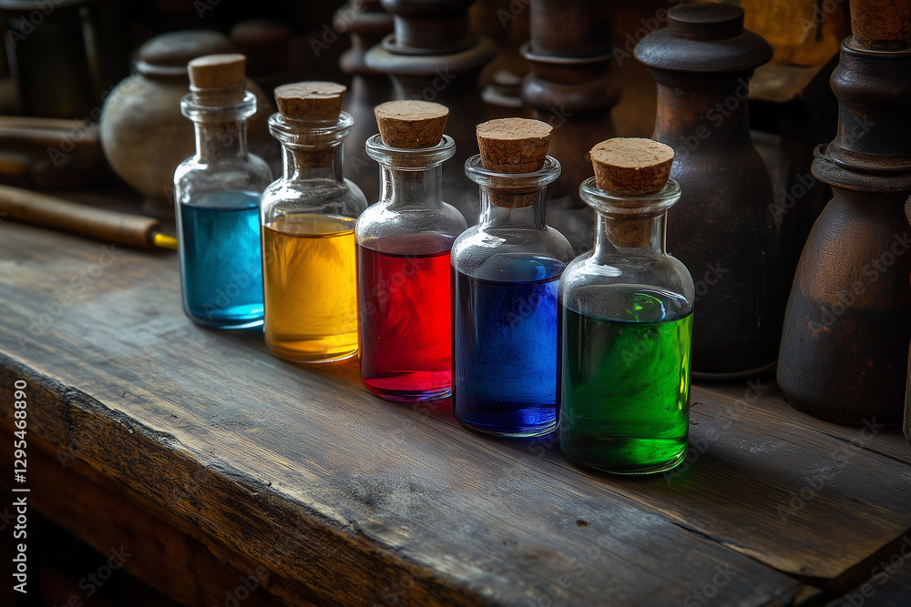 antique bottles filled with colorful liquids on a wooden table antique bottles filled with colorful liquids on a wooden table