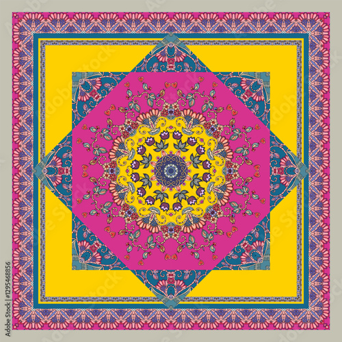 Bright square shawl in ethnic style  with floral mandala, ornamental border and little birds.
