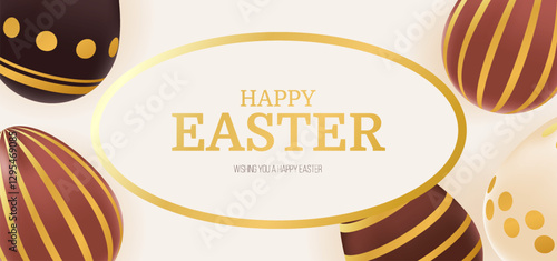 Happy Easter banner. Holiday greeting background with chocolate golden eggs. Template for social media, brochure, discount, presentation. Spring vector illustration of brown, beige colors