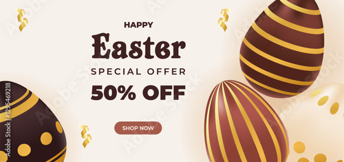 Easter special offer coupon with realistic chocolate golden eggs. Promotion, shopping template. Vector illustration of brown,beige colors. Concept for ad, sale, discount, coupon, flyer