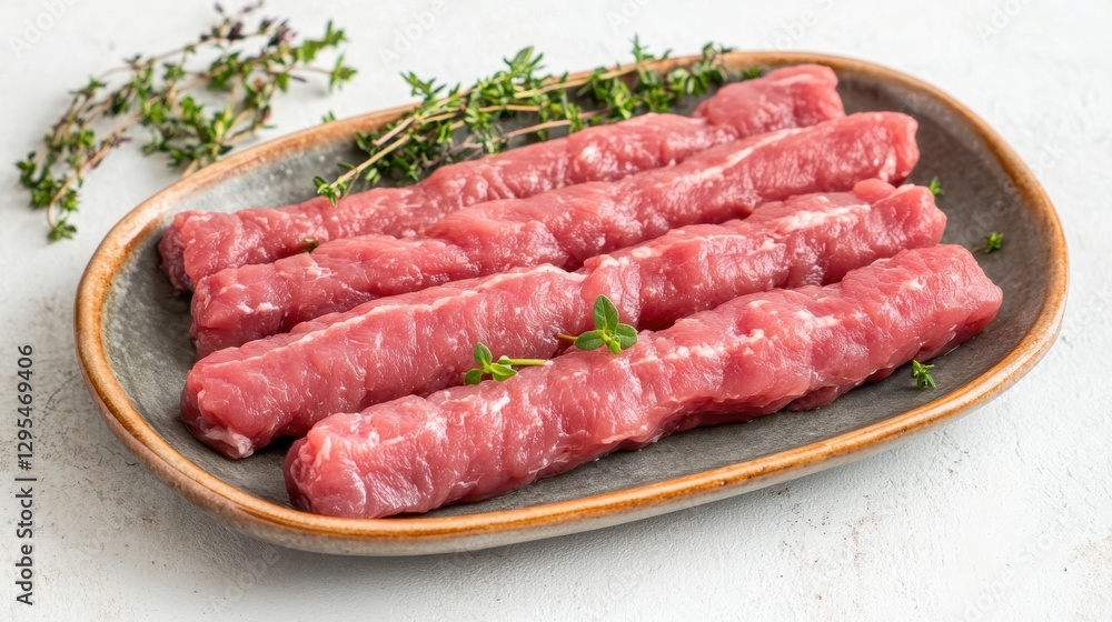 Fresh Lean Pork Tenderloin Strips on a Rustic Plate Surrounded by Green Thyme and Herbs for Culinary Inspirations Fresh Lean Pork Tenderloin Strips on a Rustic Plate Surrounded by Green Thyme and Herbs for Culinary Inspirations