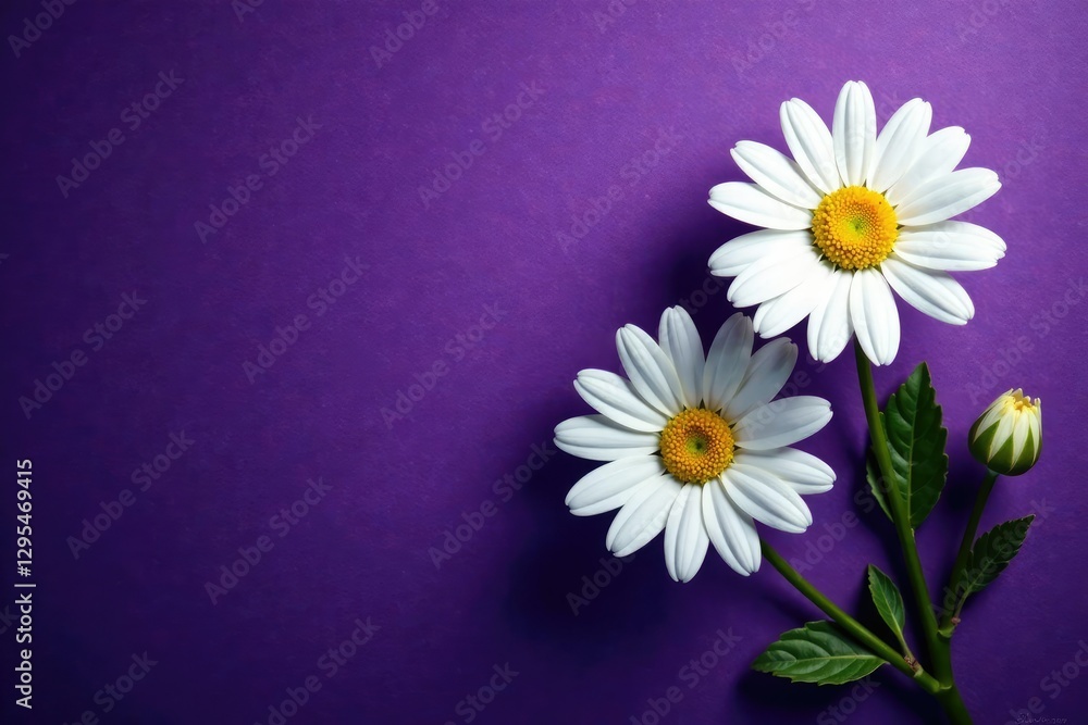 Obraz premium White daisy blooms on dark purple background with subtle texture, flowers, daisy