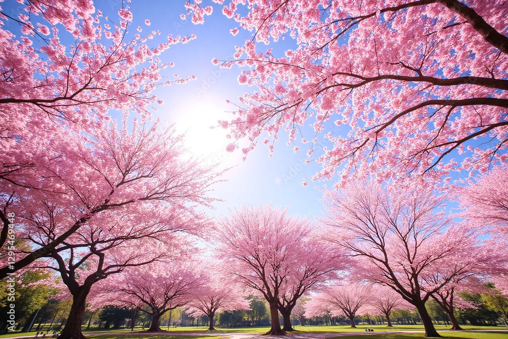 field of pink cherry blossoms in the middle of a park field of pink cherry blossoms in the middle of a park