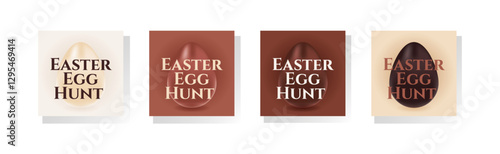Easter egg hunt poster set with realistic chocolate egg. Greeting vector illustration. Design for banner, flyer, social media, brochure, presentation, invitation