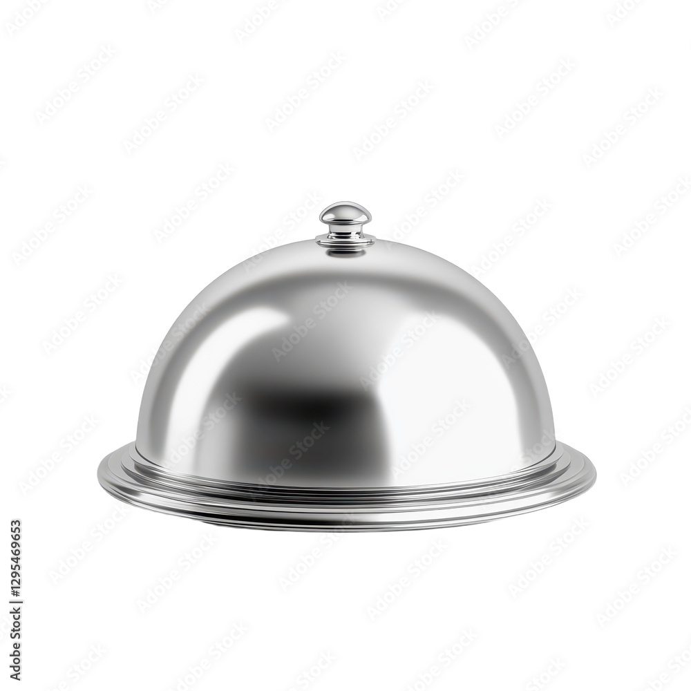 A shiny metal cloche for covering and protecting food typically found in upscale dining The object has a polished surface A shiny metal cloche for covering and protecting food typically found in upscale dining The object has a polished surface