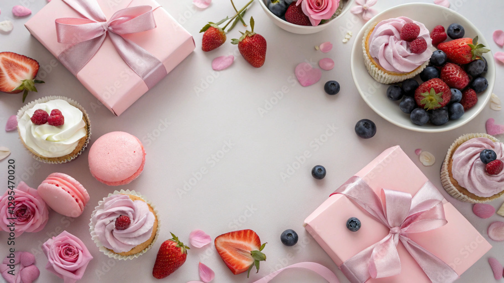 A pink-themed dessert spread with cupcakes, macarons, fresh berries, and rose petals. Perfect for celebrations, birthdays, and special events. A pink-themed dessert spread with cupcakes, macarons, fresh berries, and rose petals. Perfect for celebrations, birthdays, and special events.