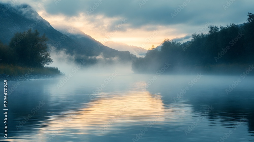 Fototapeta premium Fog covering a river at sunrise with mountains in the background