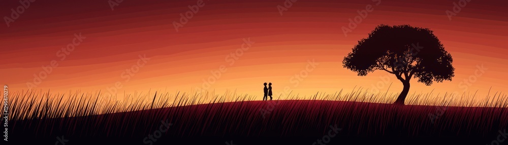 Couple silhouette sunset field tree Couple silhouette sunset field tree