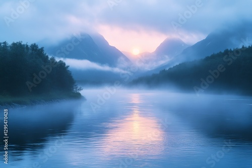 Fog covering a river flowing through mountains at sunset