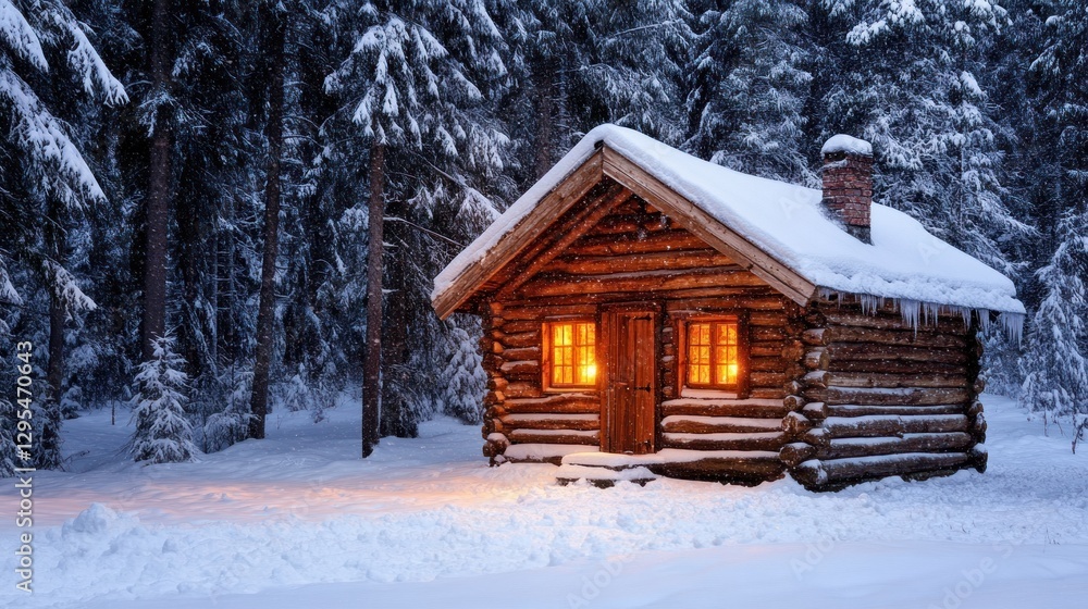 Cozy log cabin glows warmly in a snowy forest Cozy log cabin glows warmly in a snowy forest