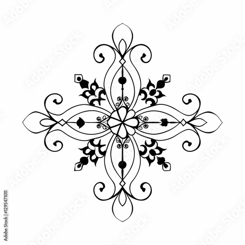 Black snowflake design with swirls on white paper drawing