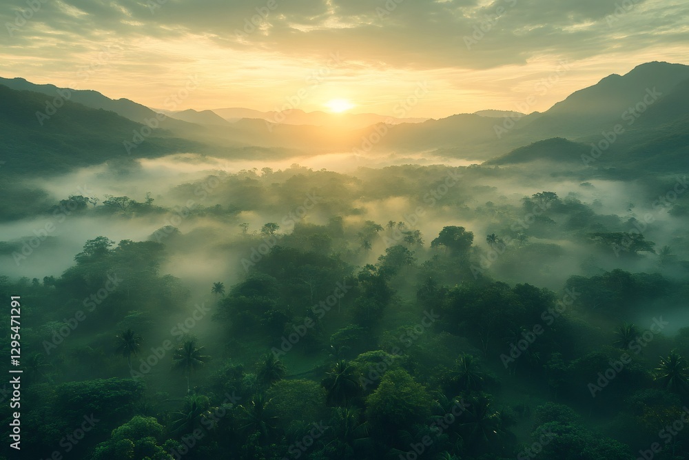Obraz premium Tropical rainforest canopy covered by morning fog during sunrise