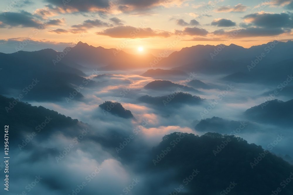 Fototapeta premium Golden sunrise illuminating foggy mountain peaks