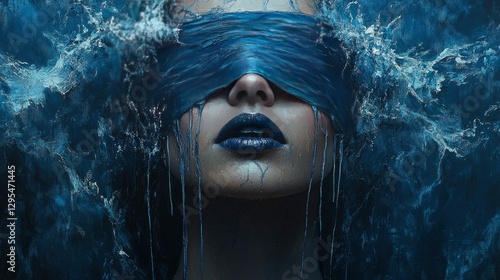 Blindfolded Woman Emerging from Abstract Blue Water