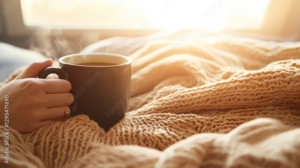 cozy scene featuring hand holding warm cup of tea or coffee, wrapped in soft knitted blanket, with sunlight streaming in, creating warm and inviting atmosphere cozy scene featuring hand holding warm cup of tea or coffee, wrapped in soft knitted blanket, with sunlight streaming in, creating warm and inviting atmosphere